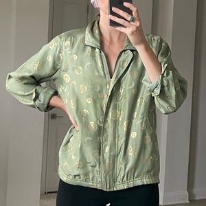Vintage Silk Moon Jacket, Mint Green and Gold Silk Zip Up Size Small
